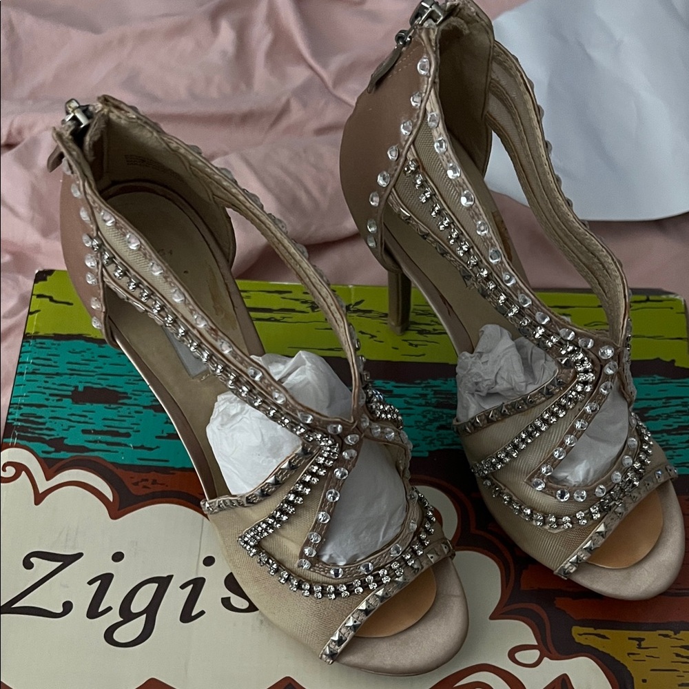 Zigi Soho Embellished Nude High Heel Sandals with Crystal Straps